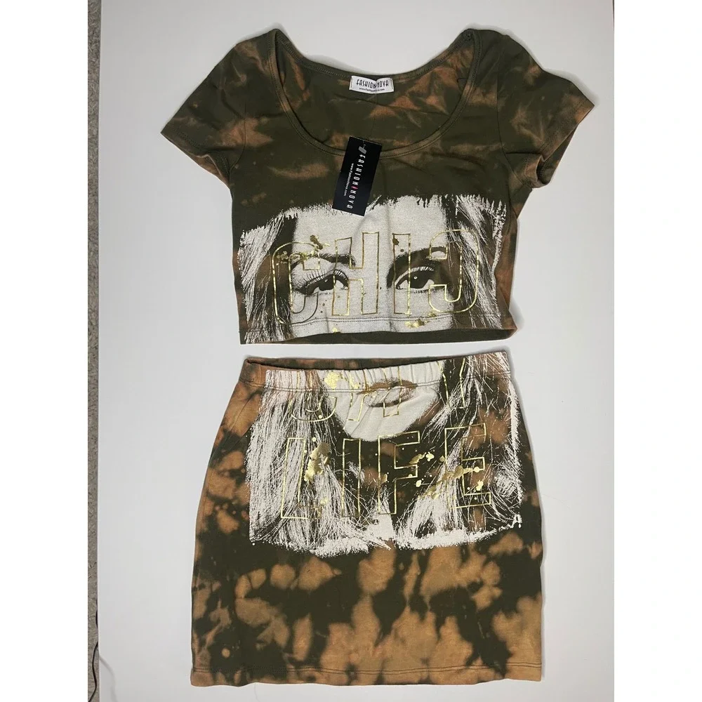 Fashion Nova Tie Dye Thug Life 2 Piece Set Crop Top Mini Skirt Olive Green S